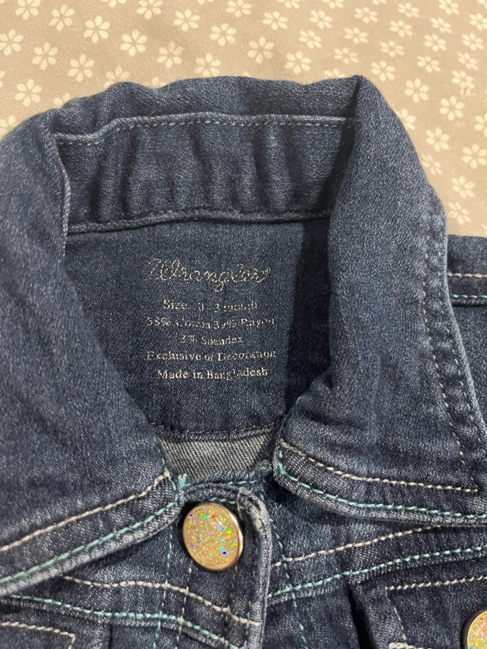 Baby Wrangler Denim Jacket Turquoise Stitching Sparkly Buttons size 0-3 - Picture 2 of 6